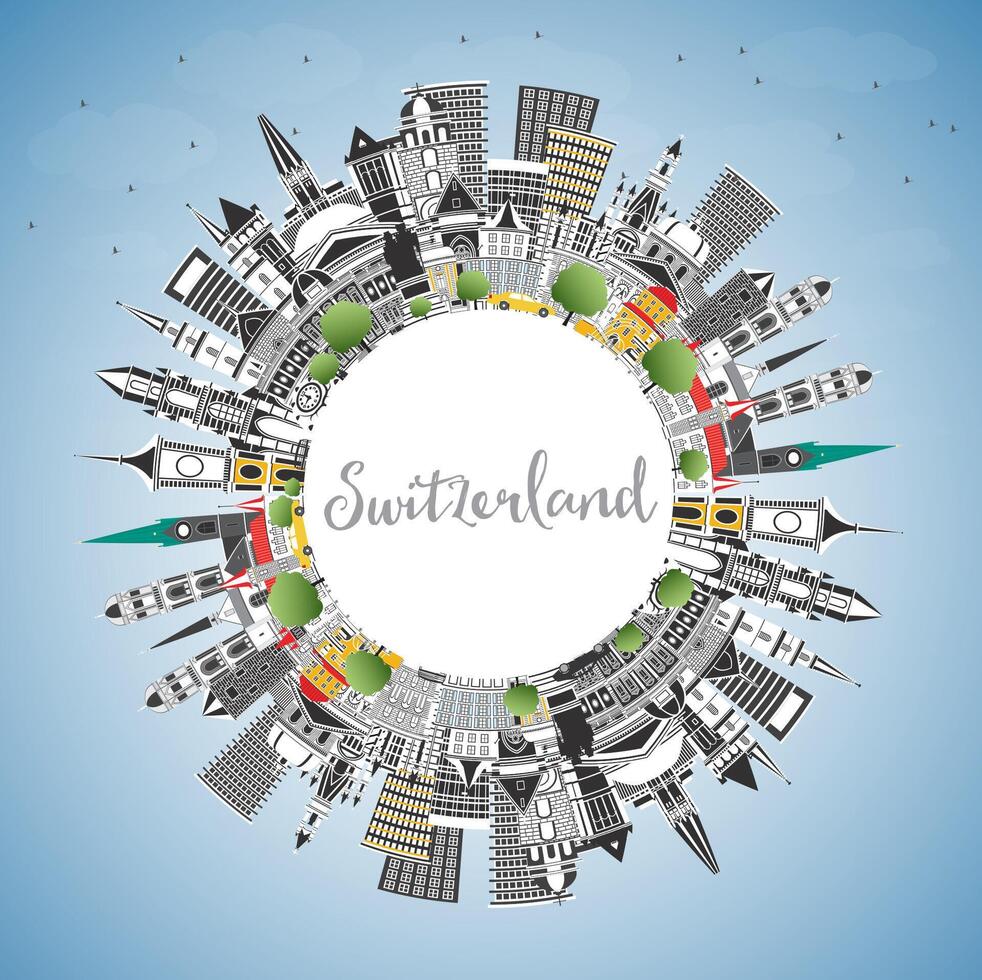 Switzerland city skyline with buildings, blue sky and copy space. Modern and historic architecture. Switzerland cityscape with landmarks. Bern. Basel. Zurich. Geneva. vector