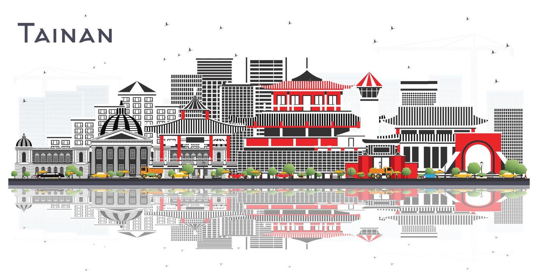 Tainan Taiwan City Skyline with Gray Buildings and reflections Isolated on White. Business Travel and Tourism Concept with Historic Architecture. Tainan Cityscape with Landmarks. vector