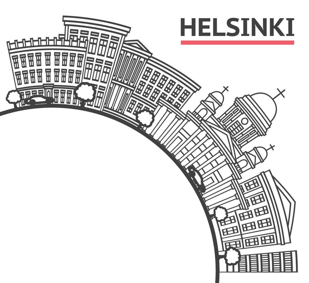 Outline Helsinki Finland City Skyline with black and white Historic Buildings and copy space Isolated on White. Helsinki Cityscape with Landmarks. vector