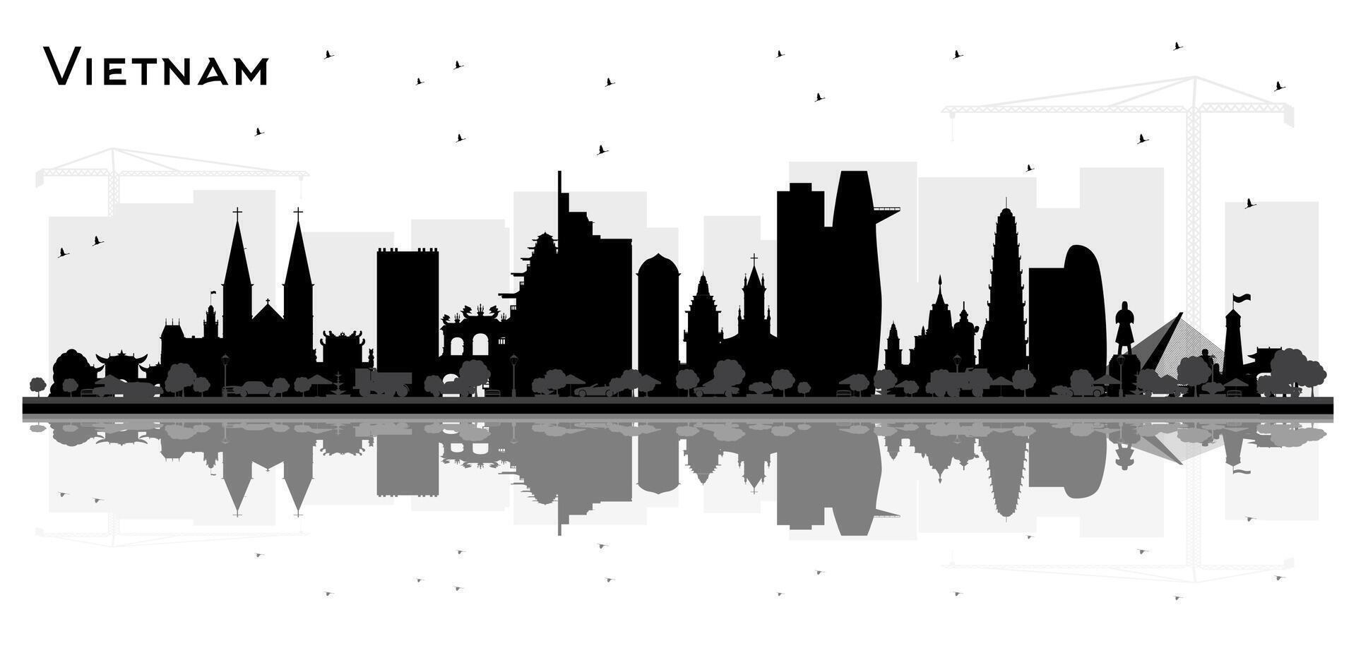 Vietnam City Skyline Silhouette with Black Buildings and reflections Isolated on White. Concept with Historic Architecture. Vietnam Cityscape with Landmarks. Hanoi. Ho Chi Minh. Haiphong. Da Nang. vector