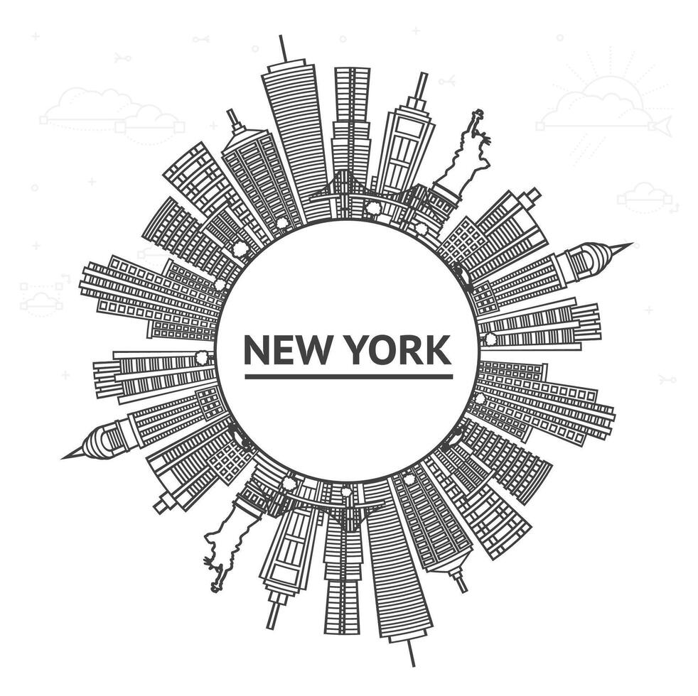 Outline New York USA City Skyline with Modern Buildings and copy space Isolated on White. New York Cityscape. vector