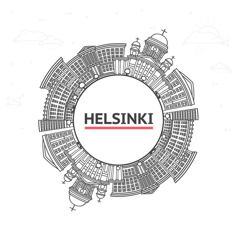 Outline Helsinki Finland City Skyline with black Historic Buildings and copy space Isolated on White. Helsinki Cityscape with Landmarks. vector