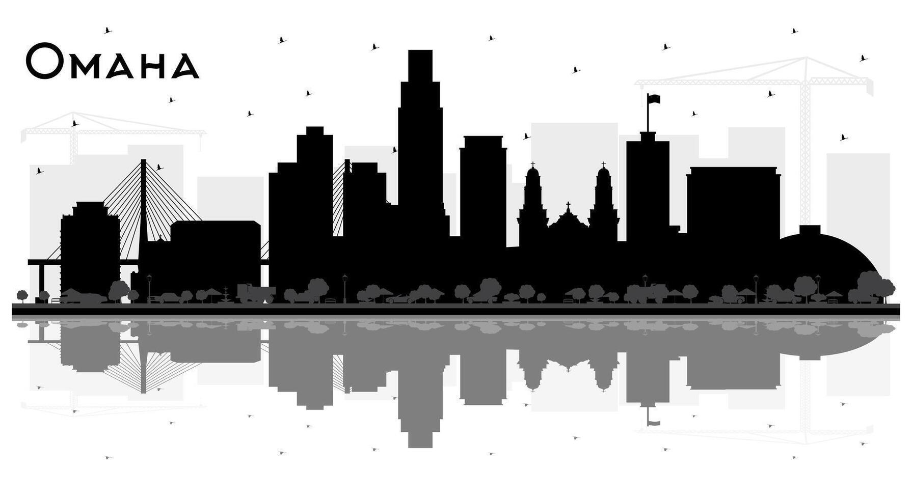 Omaha Nebraska City Skyline Silhouette with Black Buildings and reflections Isolated on White. Tourism Concept with Historic Architecture. Omaha USA Cityscape with Landmarks. vector