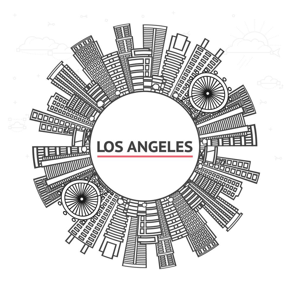 Outline Los Angeles California City Skyline with black Modern Buildings and copy space Isolated on White. Los Angeles Cityscape with Landmarks. vector