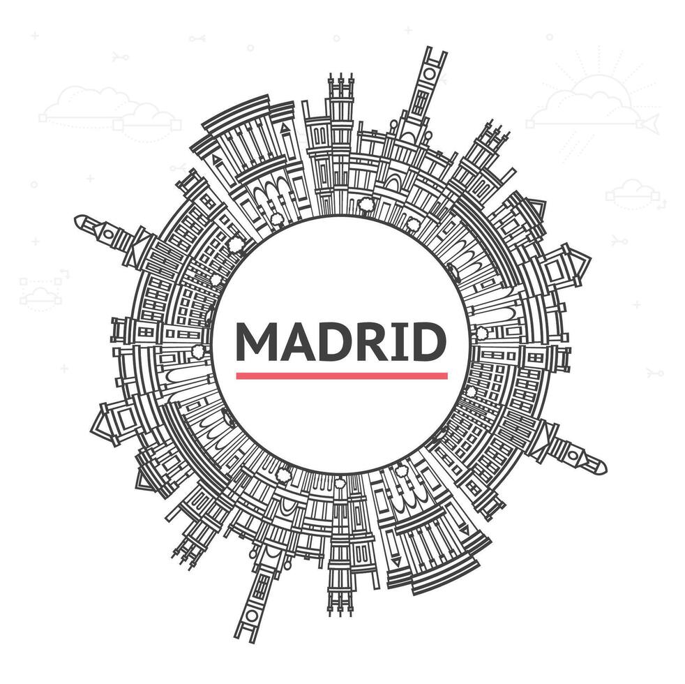 Outline Madrid Spain City Skyline with black Historic Buildings and copy space Isolated on White. Madrid Cityscape with Landmarks. vector