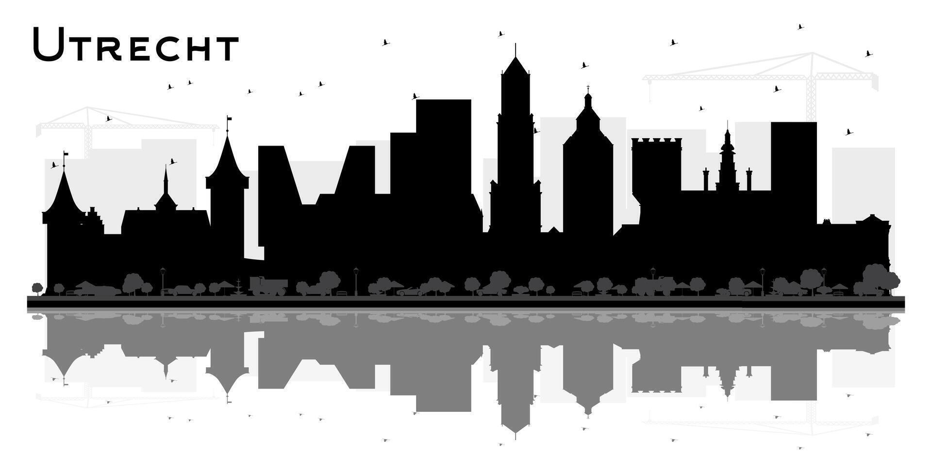 Utrecht Netherlands City Skyline Silhouette with Black Buildings and reflections Isolated on White. Business Travel and Tourism Concept with Historic Architecture. Utrecht Cityscape with Landmarks. vector