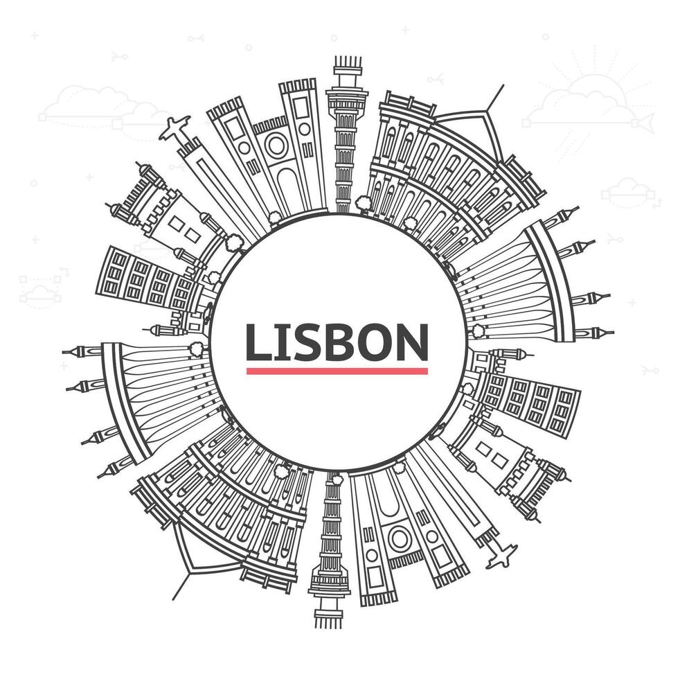 Outline Lisbon Portugal City Skyline with Historic black Buildings and copy space Isolated on White. Lisbon Cityscape with Landmarks. vector