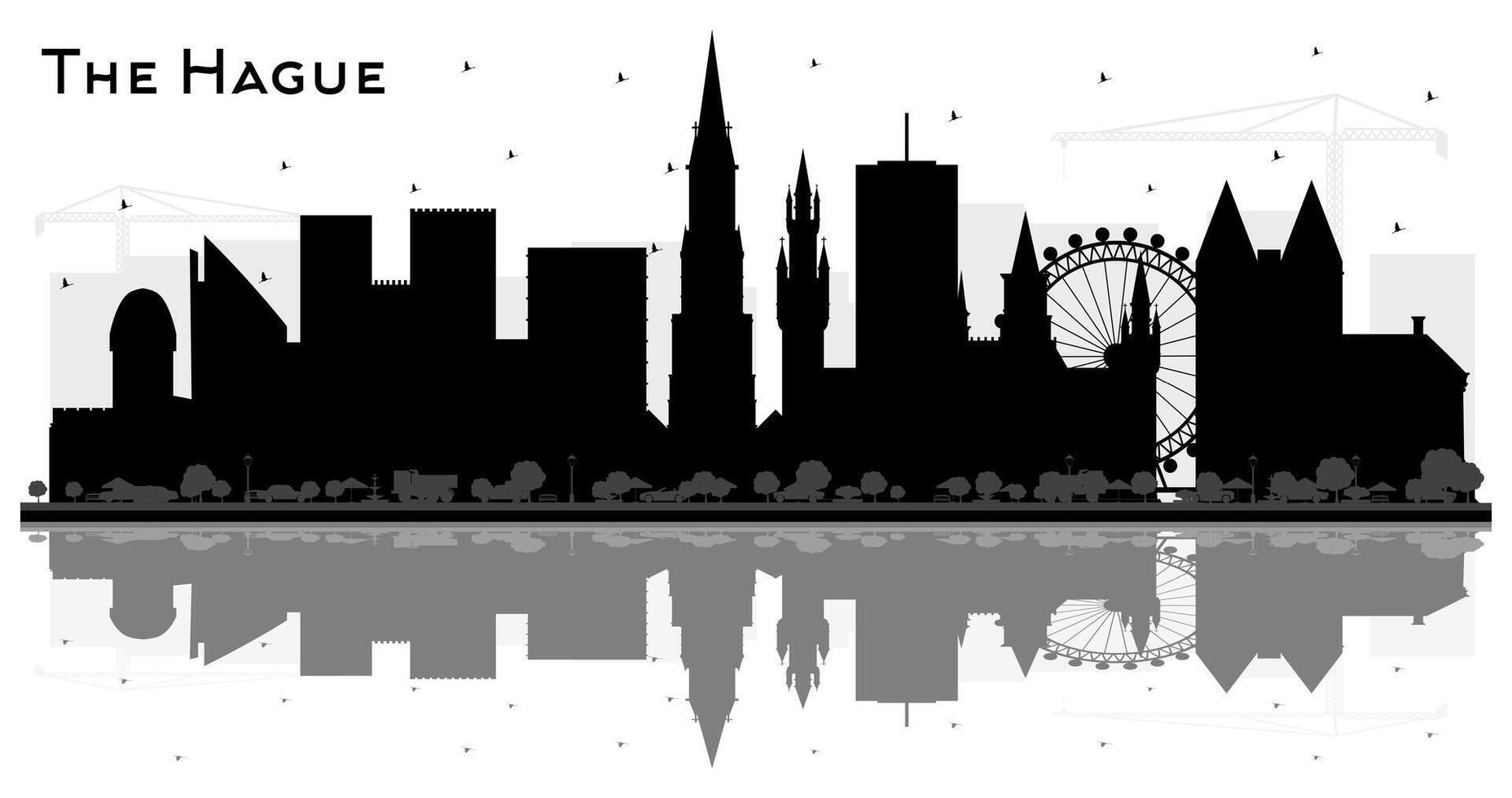 The Hague Netherlands City Skyline Silhouette with Black Buildings and reflections Isolated on White. Tourism Concept with Historic Architecture. Hague Cityscape with Landmarks. vector
