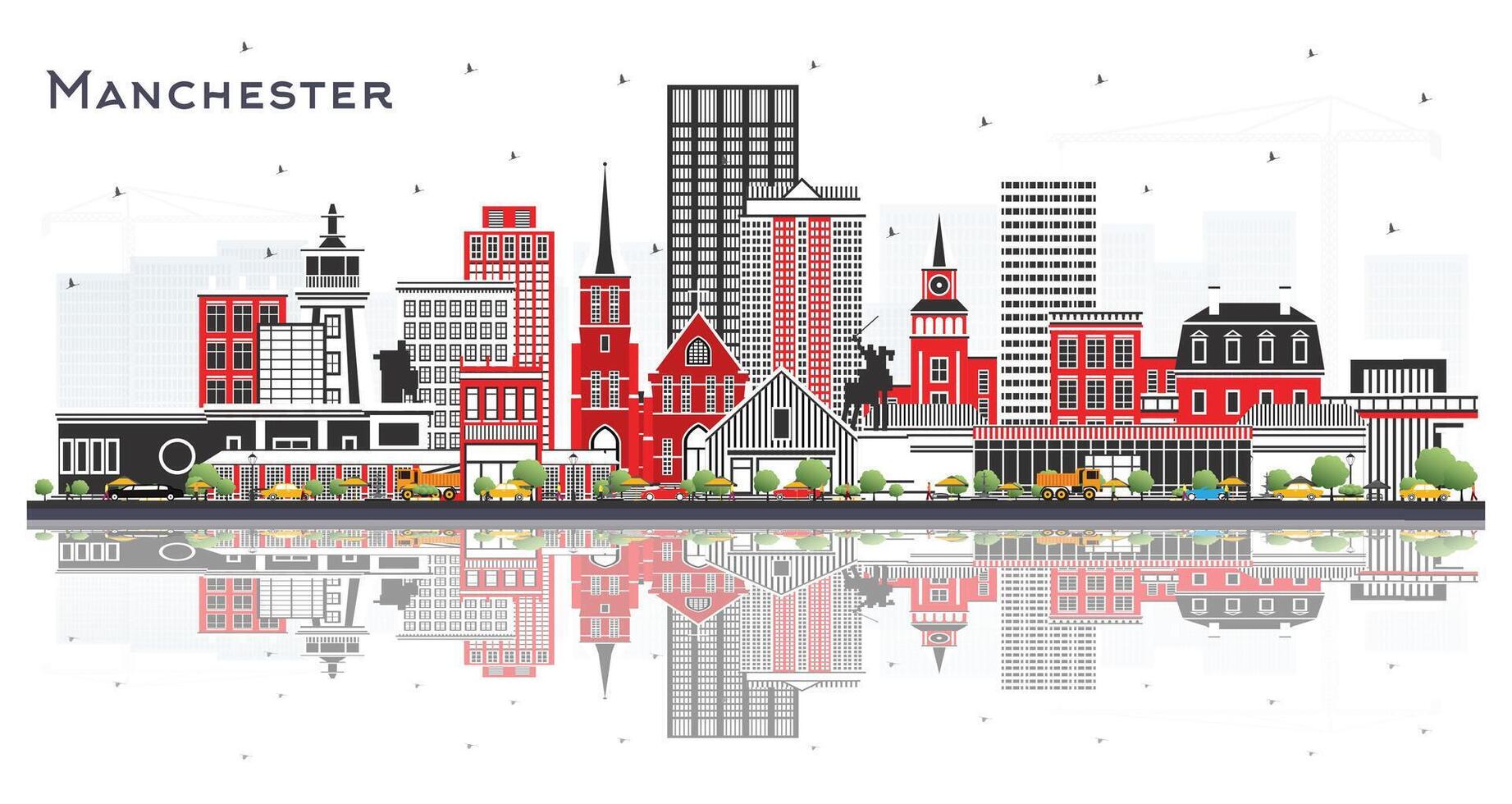Manchester New Hampshire City Skyline with Gray Buildings and reflections Isolated on White. Business Travel and Tourism Concept with Historic and Modern Architecture. Manchester USA Cityscape. vector