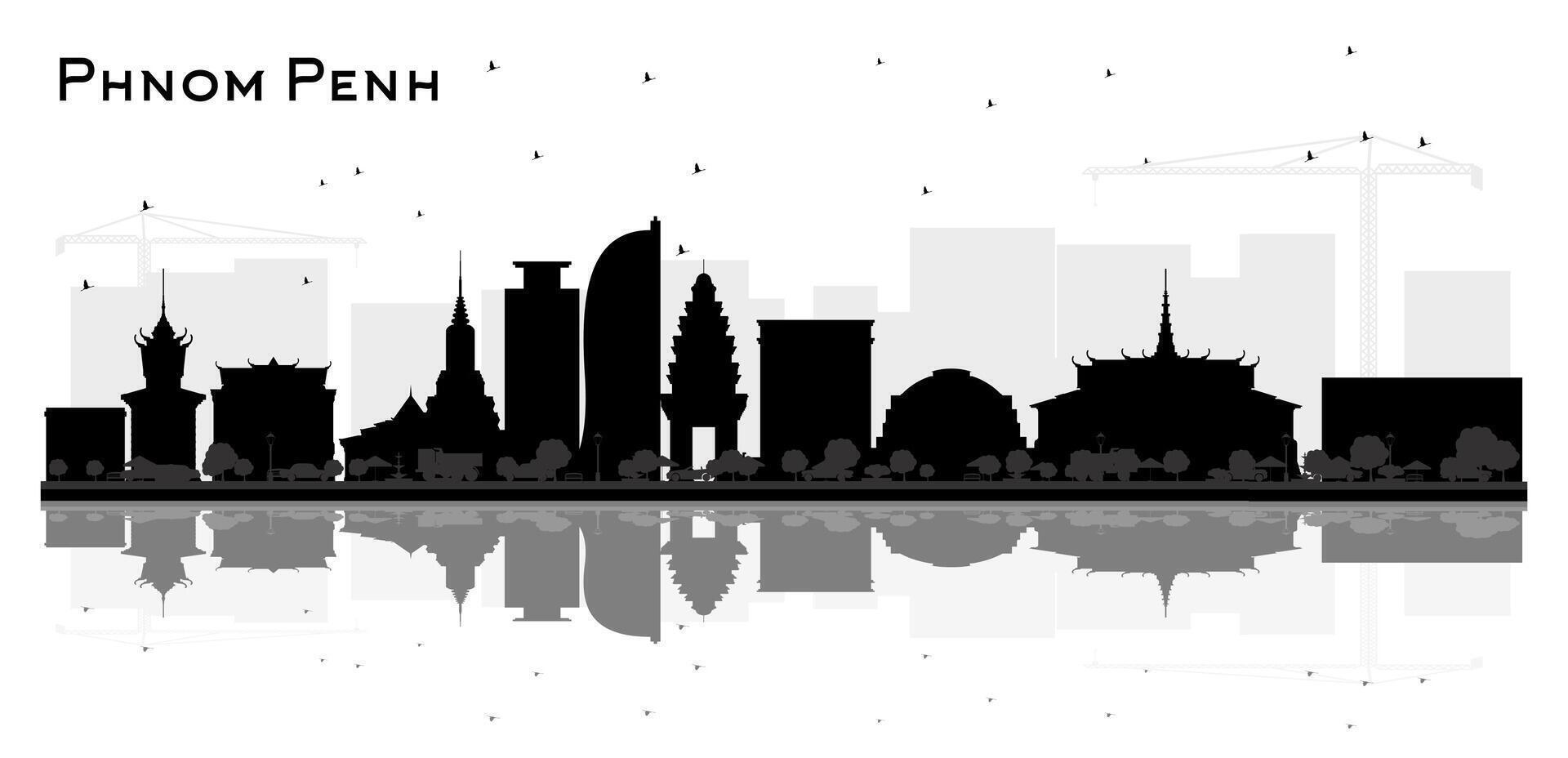 Phnom Penh Cambodia City Skyline Silhouette with Black Buildings and reflections Isolated on White. Concept with Historic Architecture. Phnom Penh Cityscape with Landmarks. vector