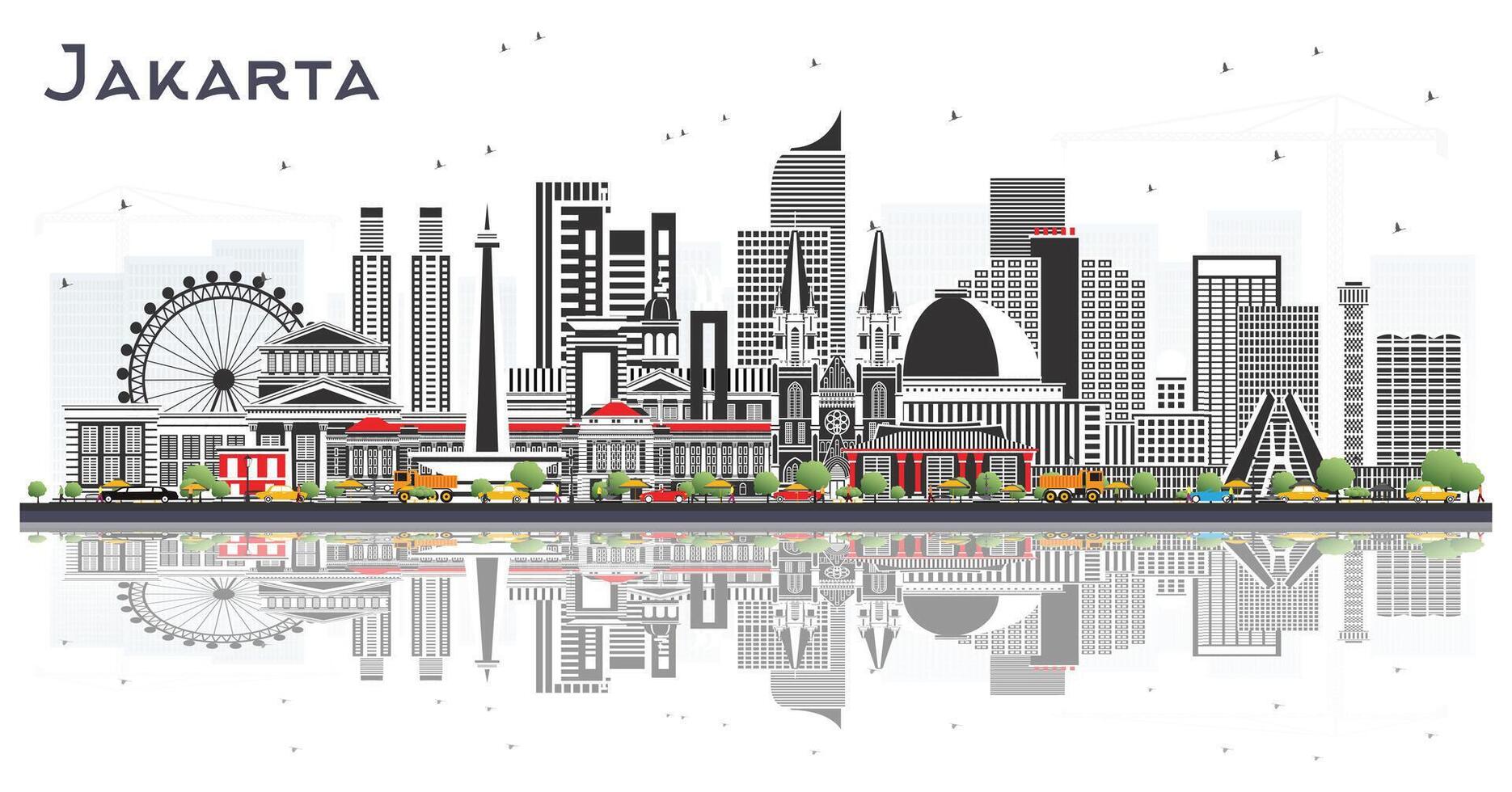 Jakarta Indonesia City Skyline with Gray Buildings and reflections Isolated on White. Business Travel and Tourism Concept with Historic and Modern Architecture. Jakarta Cityscape with Landmarks. vector