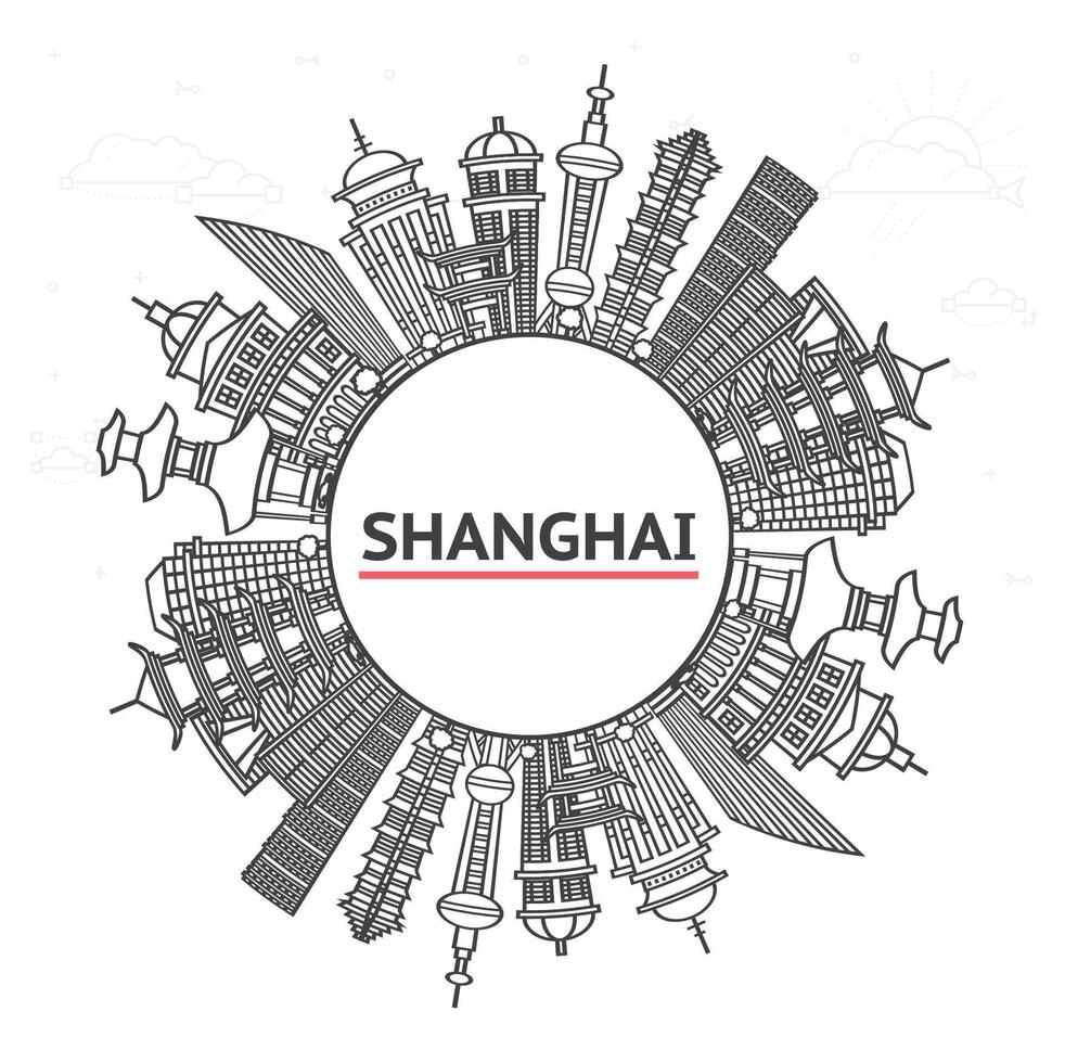 Outline Shanghai China City Skyline with Buildings and copy space Isolated on White. Shanghai Cityscape with Landmarks. vector