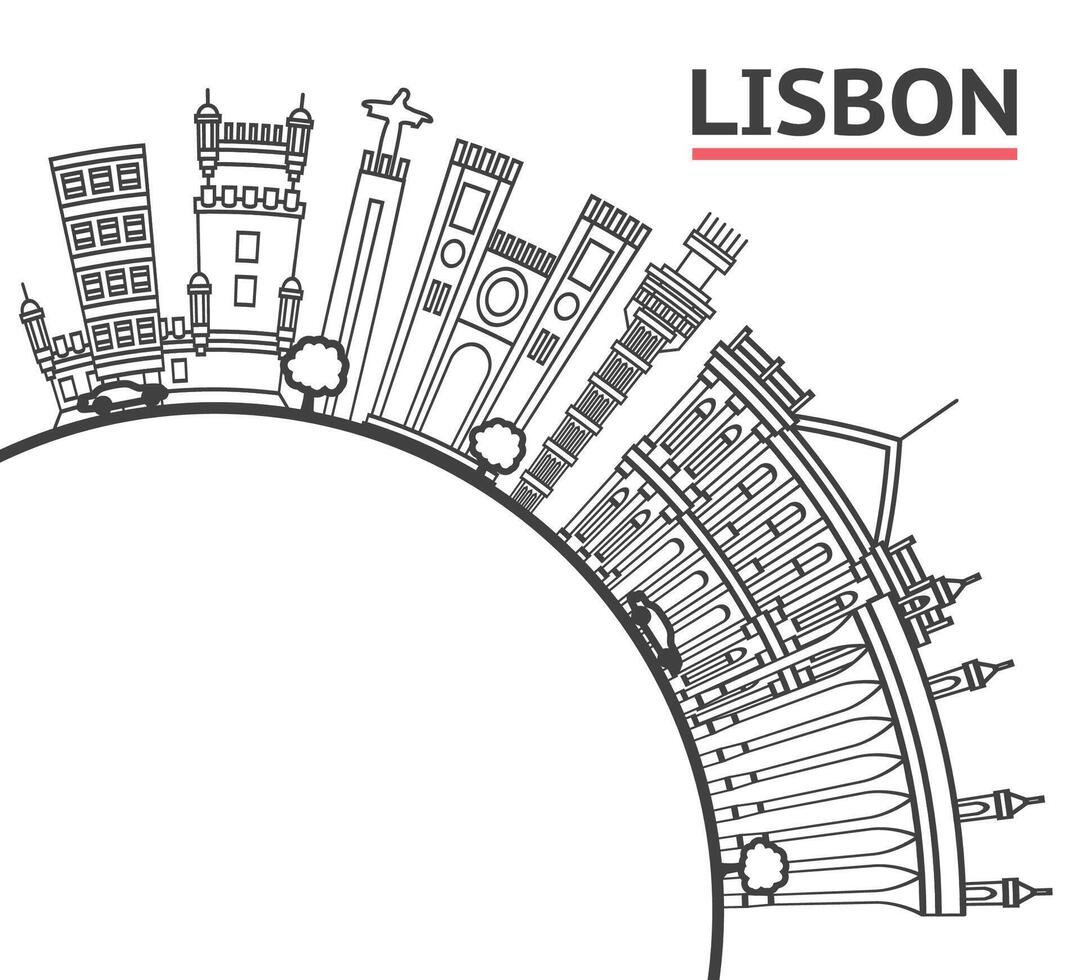 Outline Lisbon Portugal City Skyline with Historic Buildings and copy space Isolated on White. Cityscape with Landmarks. vector