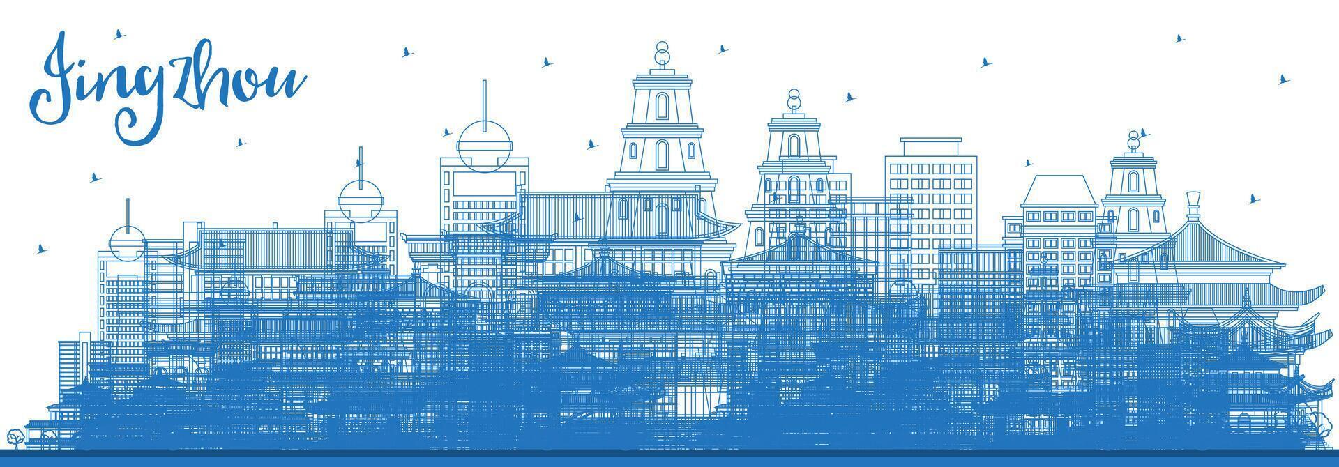 Outline Jingzhou China City Skyline with Blue Buildings. Business Travel and Tourism Concept with Historic and Modern Architecture. Jingzhou Cityscape with Landmarks. vector