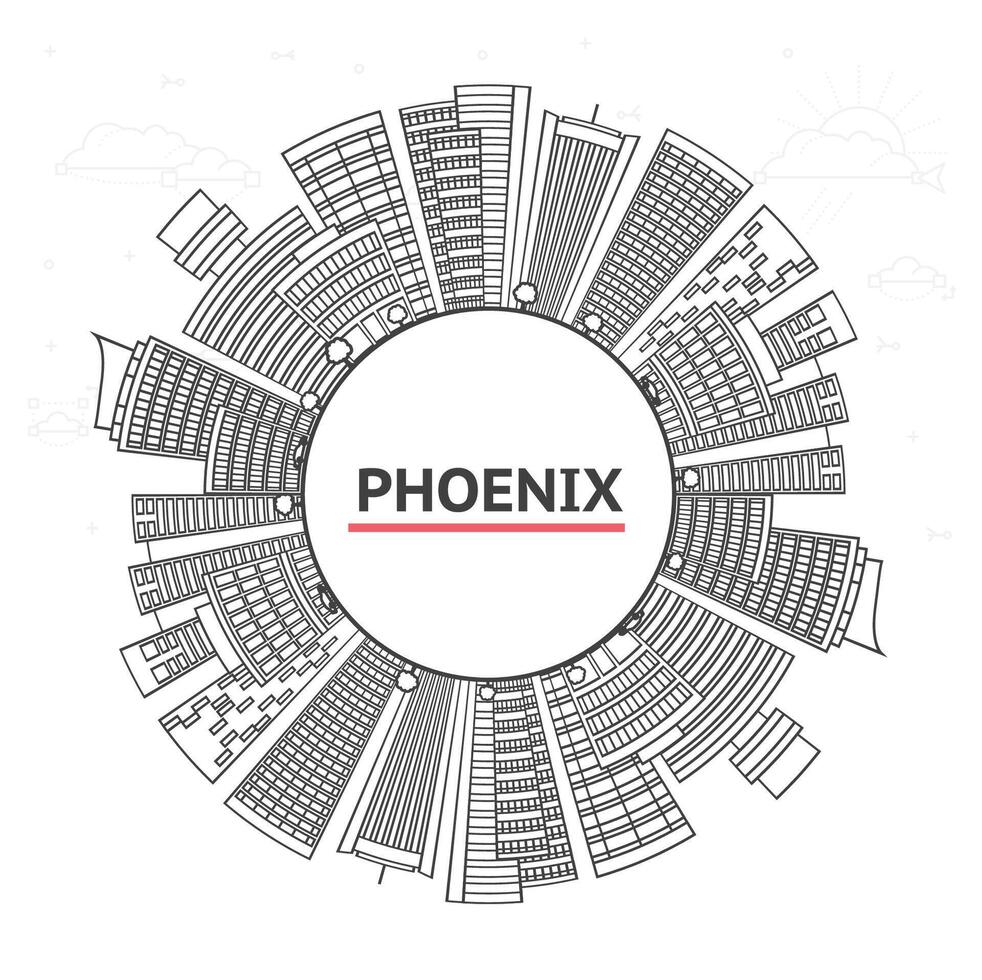 Outline Phoenix Arizona City Skyline with Modern Buildings and copy space Isolated on White. Phoenix USA Cityscape with Landmarks. vector