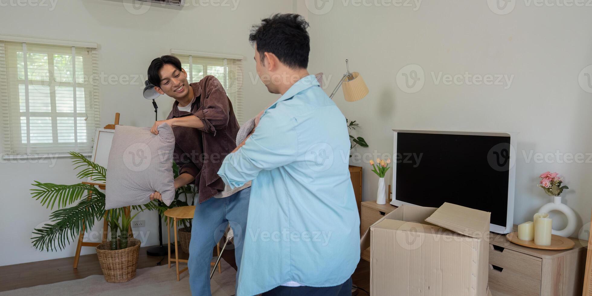Gay couple enjoying a fun moment with pillow during moving process. photo