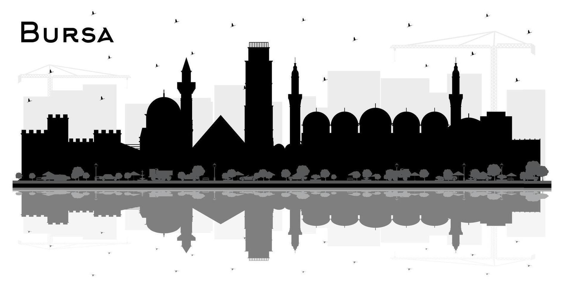 Bursa Turkey City Skyline Silhouette with Black Buildings and reflections Isolated on White. Tourism Concept with Historic Architecture. Bursa Cityscape with Landmarks. vector