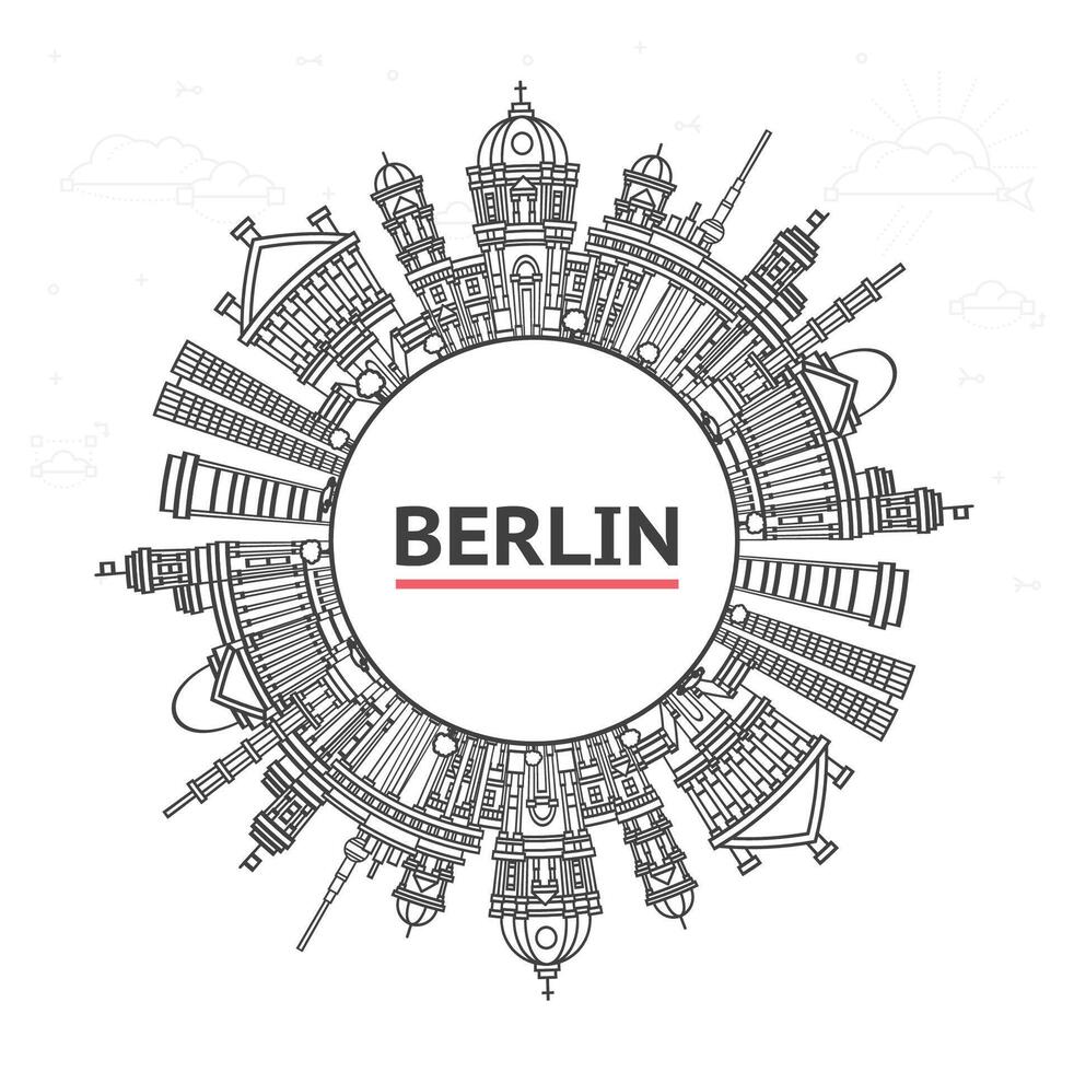 Outline Berlin Germany City Skyline with Historical Buildings and copy space Isolated White. Berlin Cityscape with Landmarks. vector