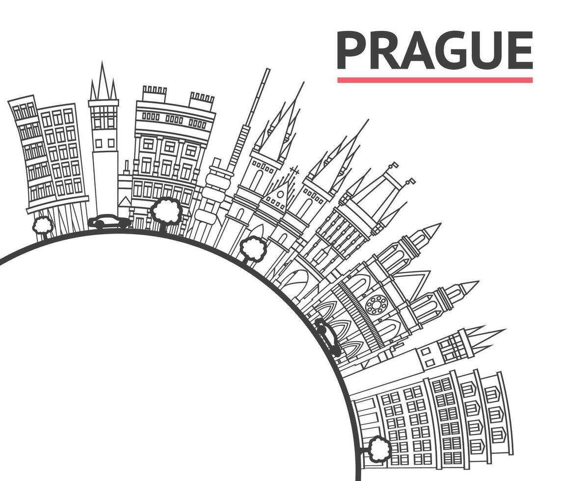 Outline Prague Czech Republic City Skyline with Historic Buildings and copy space Isolated on White. Prague Cityscape with Landmarks. vector