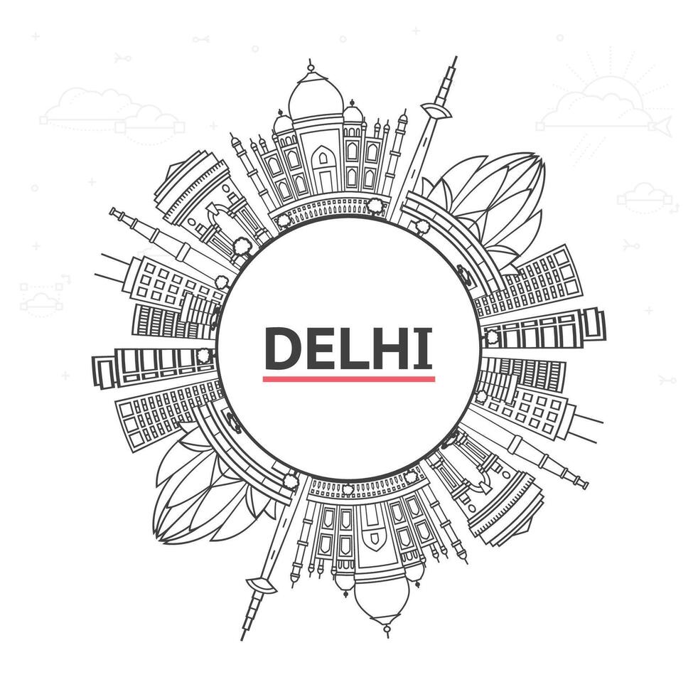 Outline Delhi India City Skyline with Historic Buildings and copy space Isolated on White. Delhi Cityscape with Landmarks. vector
