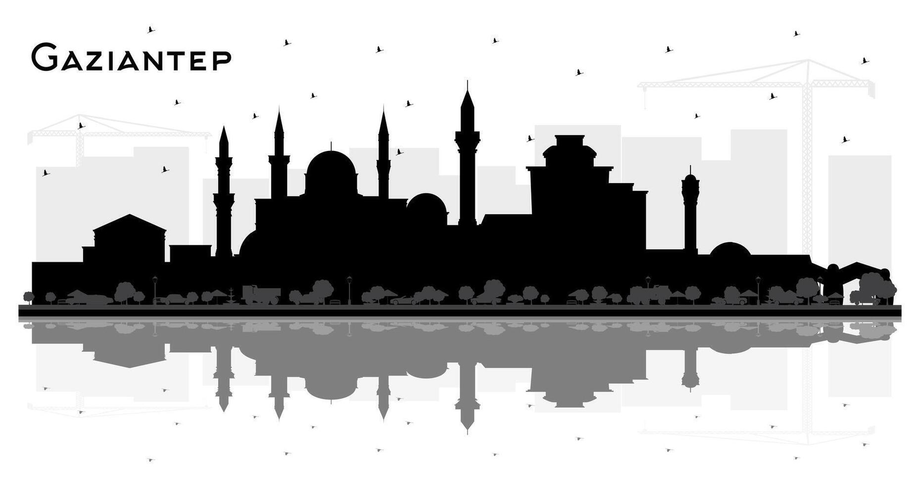 Gaziantep Turkey City Skyline Silhouette with Black Buildings and reflections Isolated on White. Business Travel and Tourism Concept with Historic Architecture. Gaziantep Cityscape with Landmarks. vector