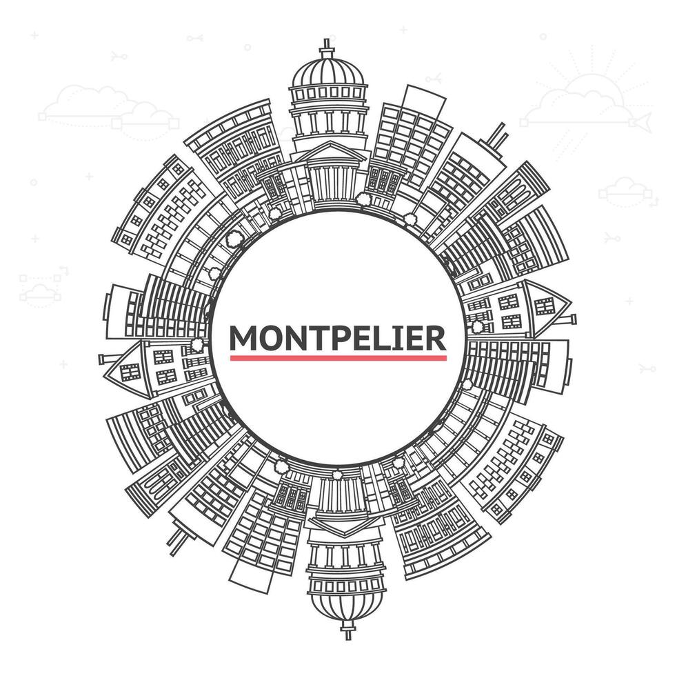 Outline Montpelier Vermont City Skyline with Modern Buildings and copy space Isolated on White. Montpelier Cityscape with Landmarks. vector