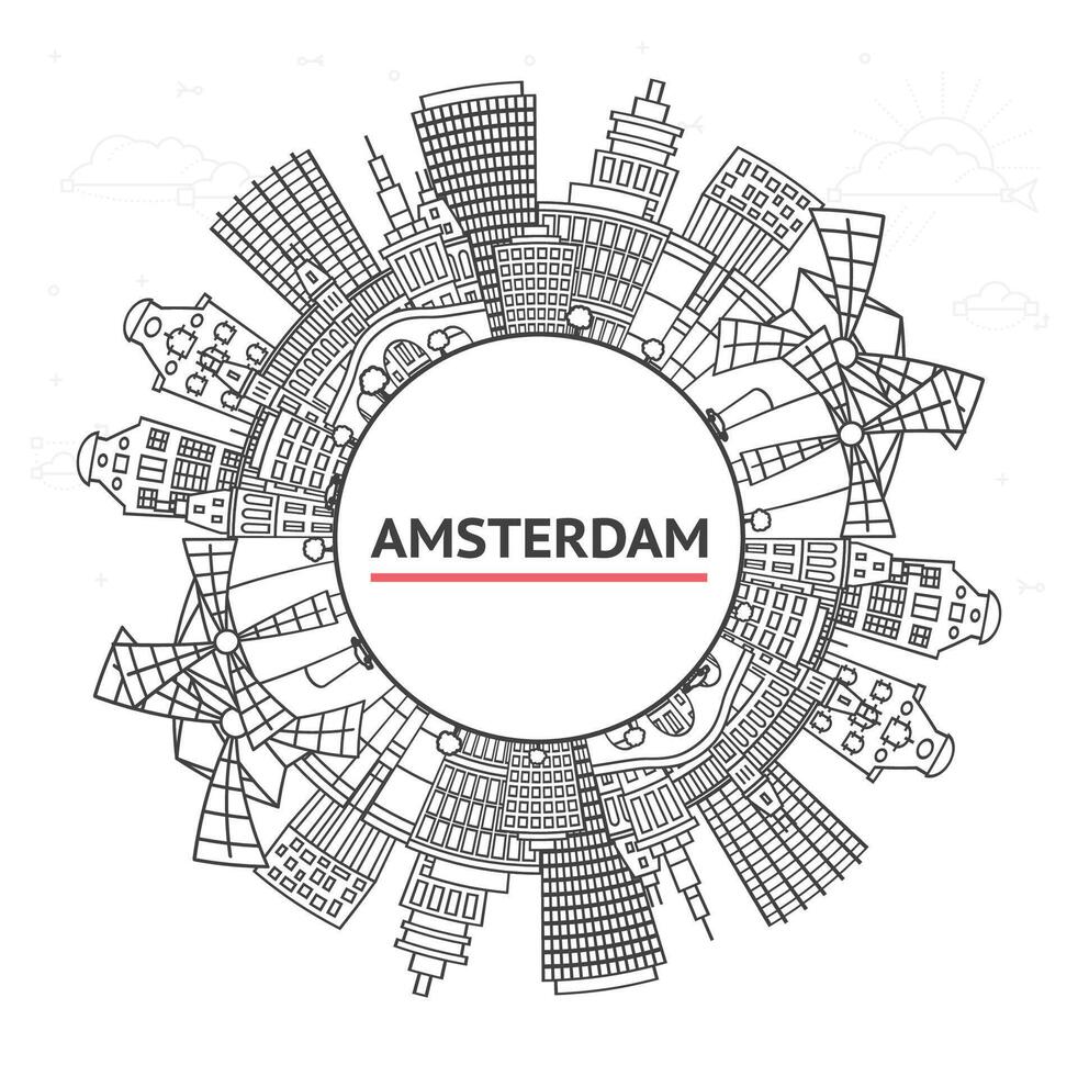 Outline Amsterdam Netherlands City Skyline with Historic Buildings and copy space Isolated on White. Amsterdam Cityscape with Landmarks. vector