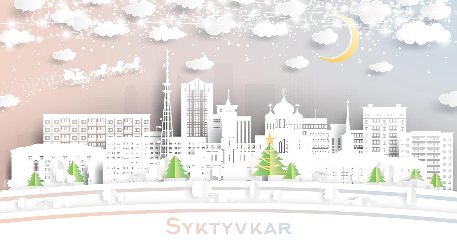 Syktyvkar Russia. Winter city skyline in paper cut style with snowflakes, moon and neon garland. Christmas and new year concept. Santa Claus on sleigh. Syktyvkar cityscape with landmarks. vector