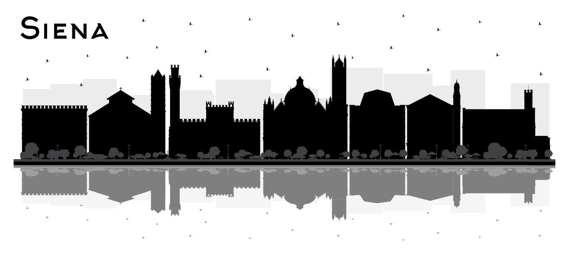 Siena Tuscany Italy City Skyline Silhouette with Black Buildings and reflections Isolated on White. Business Travel and Tourism Concept with Historic Architecture. Siena Cityscape with Landmarks. vector