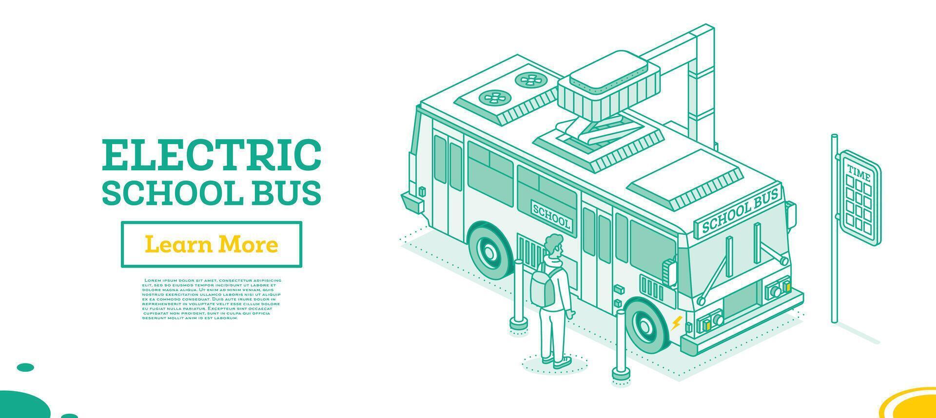 Isometric Electric School Bus on Charging Station. Ecological Public Transport. Outline Concept. vector