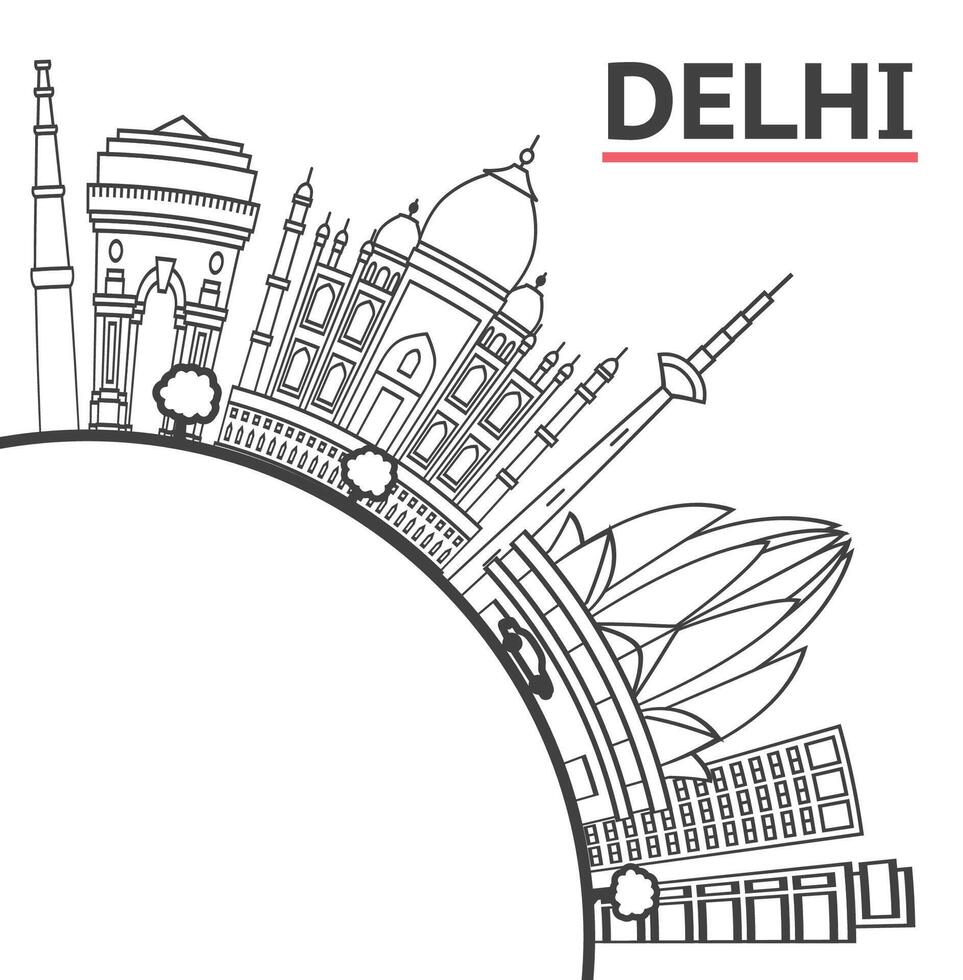 Outline Delhi City Skyline with Historic Buildings and copy space Isolated on White. Delhi Cityscape with Landmarks. vector
