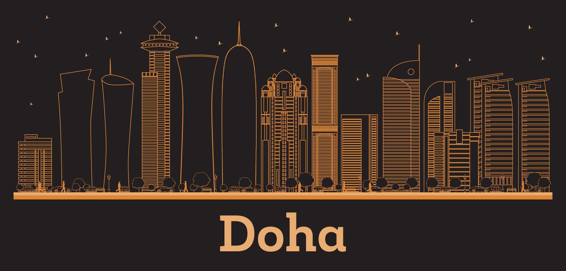 Outline Doha Qatar City Skyline with orange Buildings. Business Travel and Concept with Modern Architecture. Doha Cityscape with Landmarks. vector