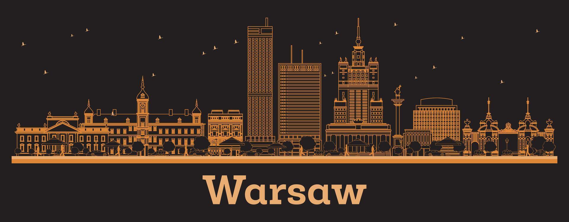 Outline Warsaw Poland City Skyline with orange Buildings. Business Travel and Concept with Modern Architecture. Warsaw Cityscape with Landmarks. vector