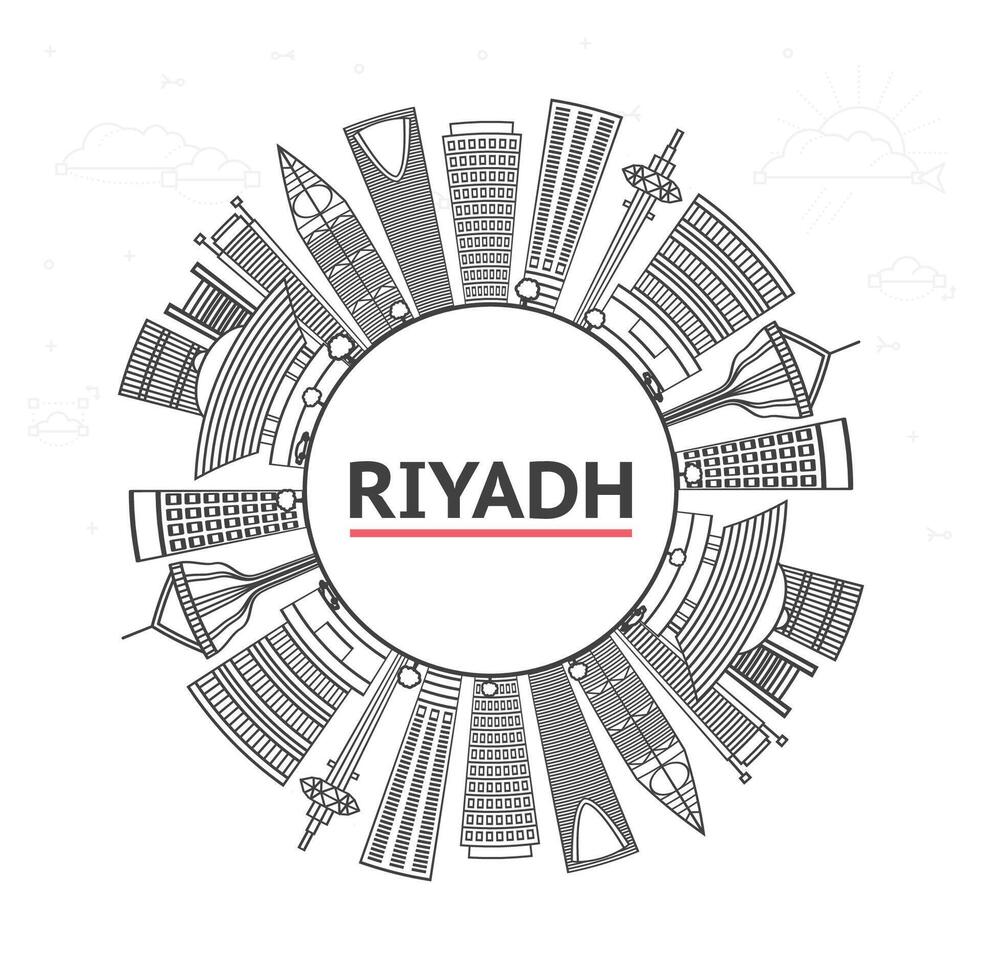Outline Riyadh Saudi Arabia City Skyline Modern Buildings and copy space Isolated on White. Riyadh Cityscape with Landmarks. vector