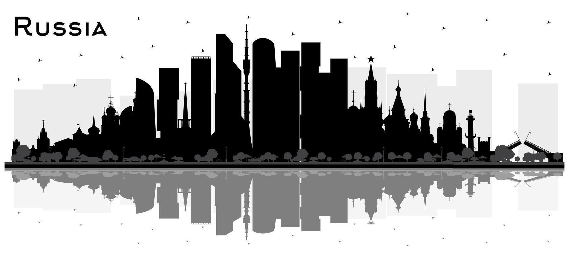 Russia City Skyline Silhouette with Black Buildings and reflections Isolated on White. Tourism Concept with Historic Architecture. Cityscape with Landmarks. Moscow. Saint Petersburg. Yekaterinburg. vector