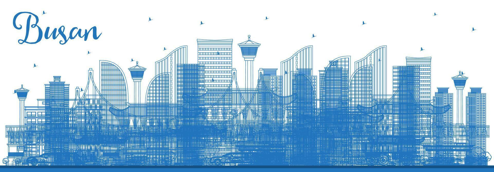 Outline Busan South Korea City Skyline with Blue Buildings. Business Travel and Tourism Concept with Historic and Modern Architecture. Busan Cityscape with Landmarks. vector
