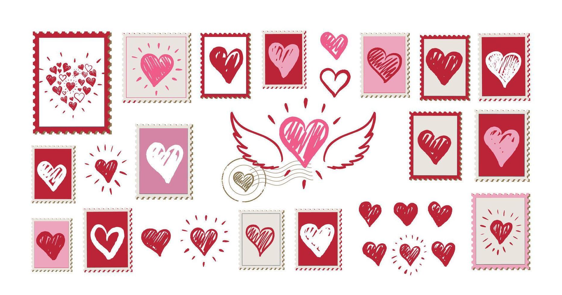 Postcard, Valentines day, stamps, mail with Heart hand drawn. vector