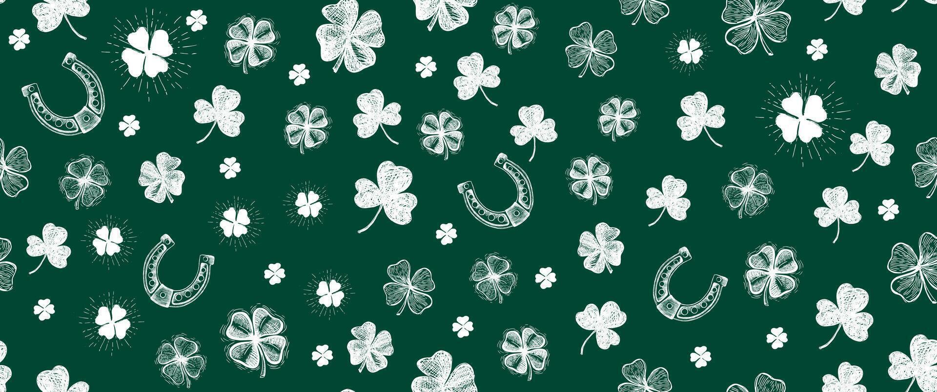 Clover pattern on green. Hand drawn illustrations. vector
