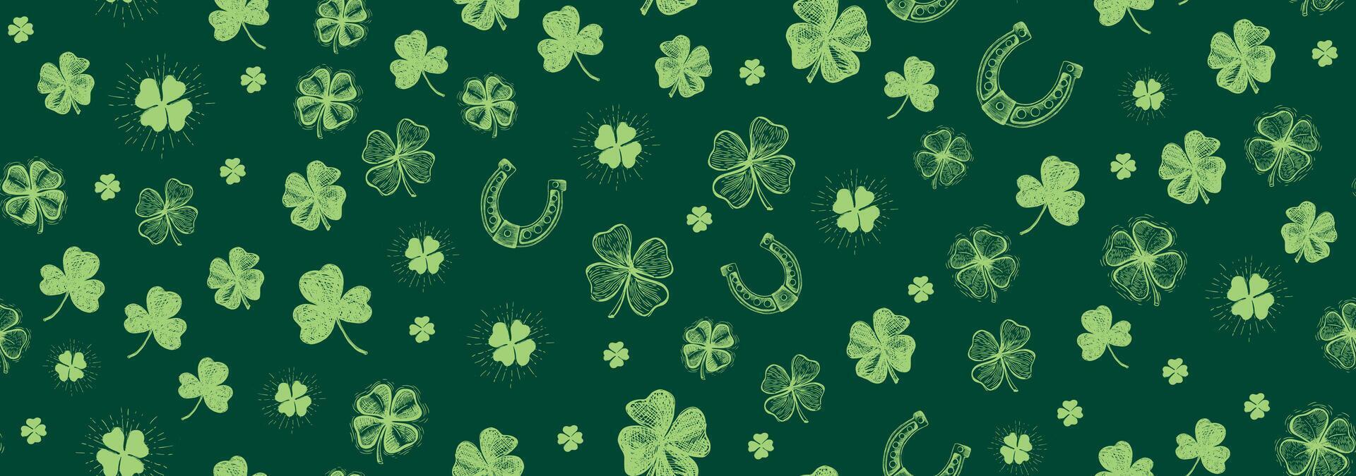Clover pattern on green. Patricks Day, Hand drawn illustrations vector