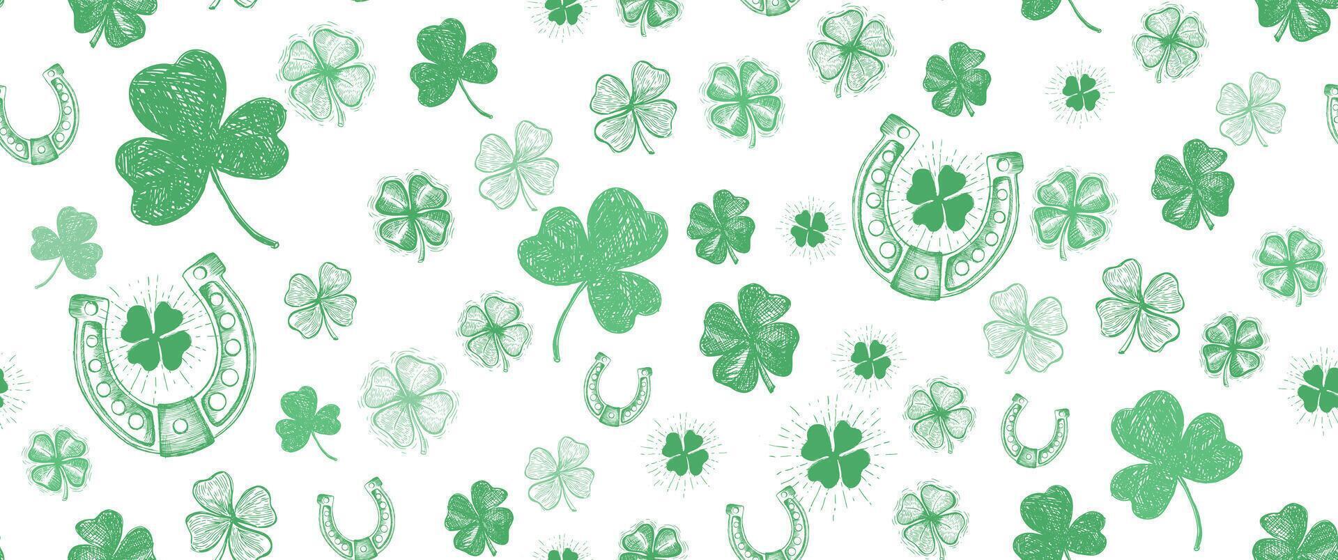 St. Patricks Day clover pattern on white. Hand drawn illustrations vector