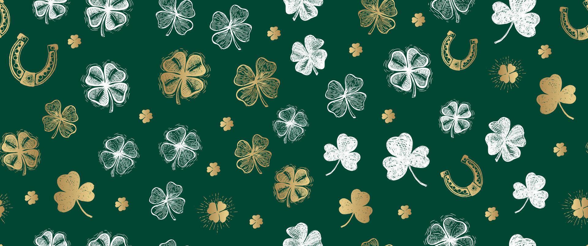 Patricks Day, gold clover pattern on green. Hand drawn illustrations vector
