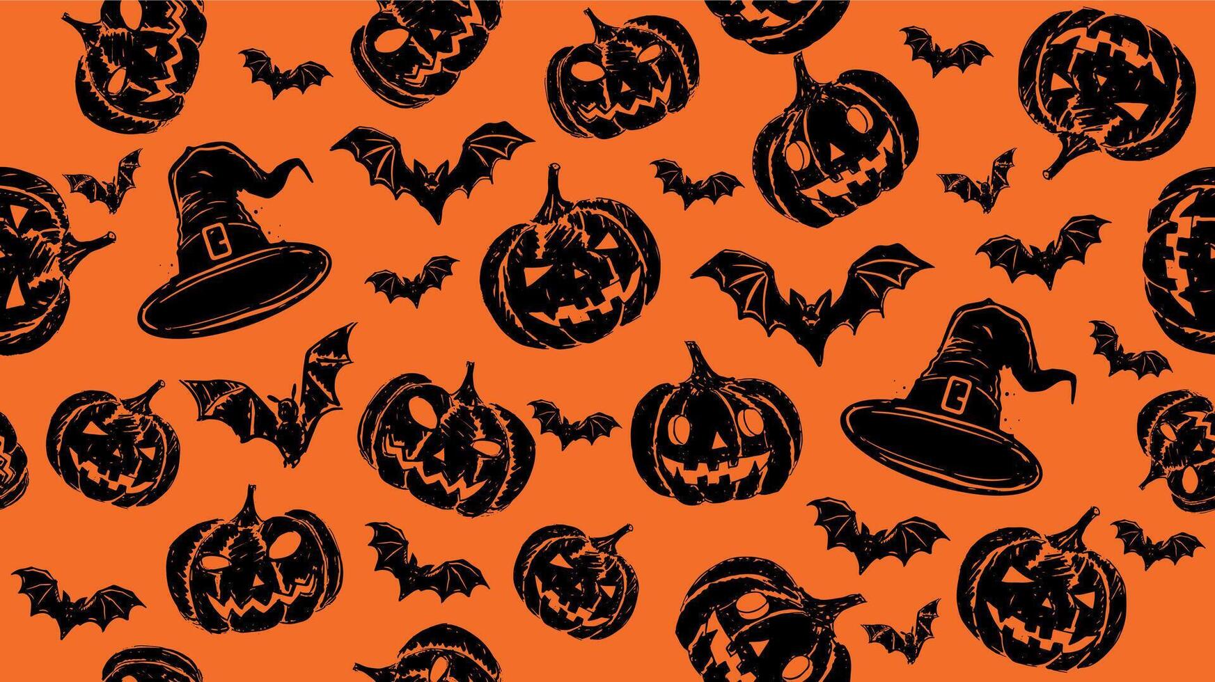 Halloween pumpkin, bat, pattern on orange background, hand drawn illustrations vector