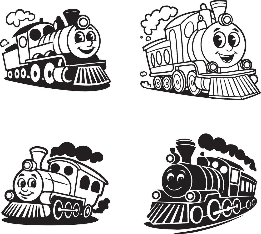 Cute Cartoon Steam Train Illustration Set for Kids vector