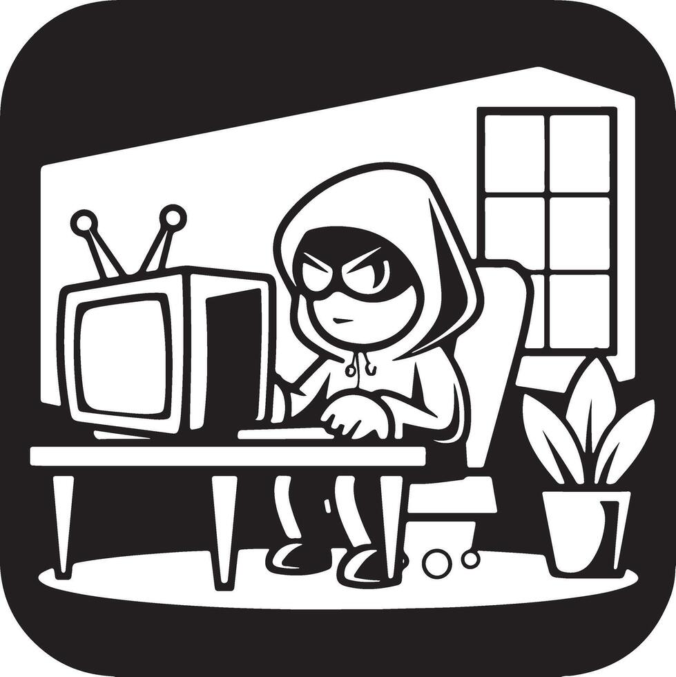 Cartoon Hacker Illustration with Computer in Dark Room vector