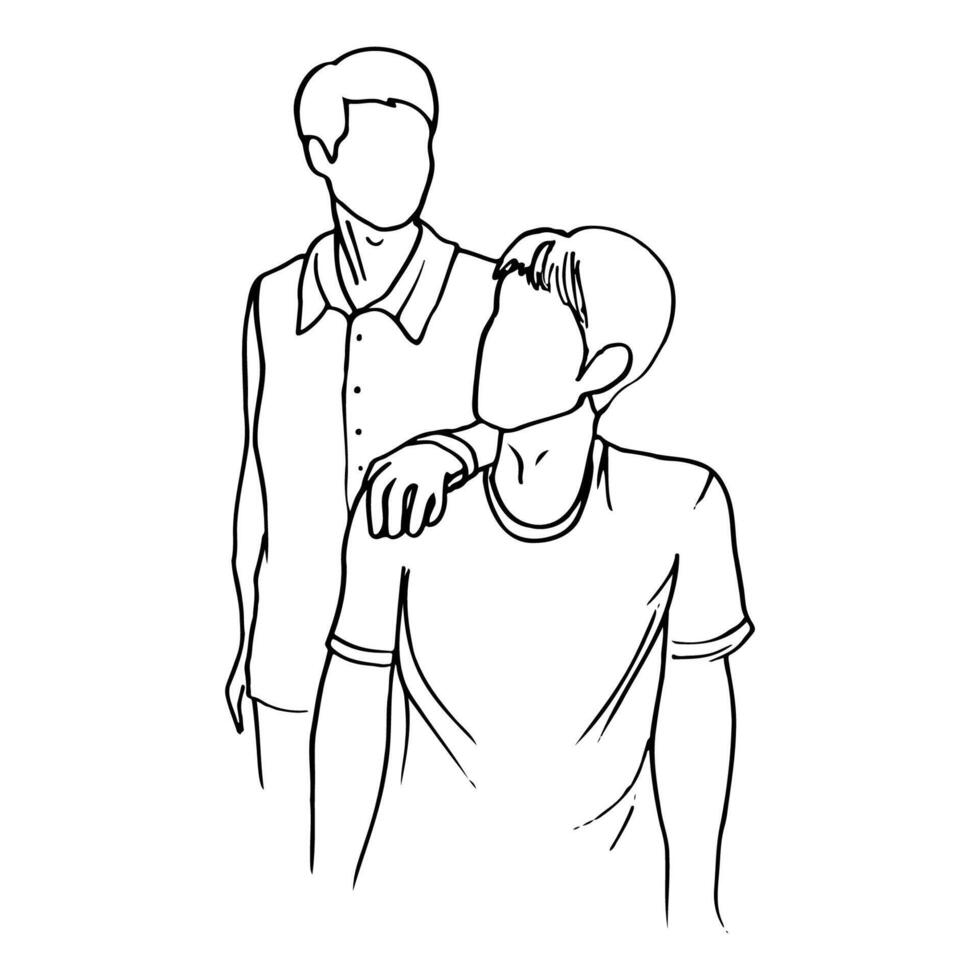 man put hand on friend's key from behind - hand drawn line art drawing vector