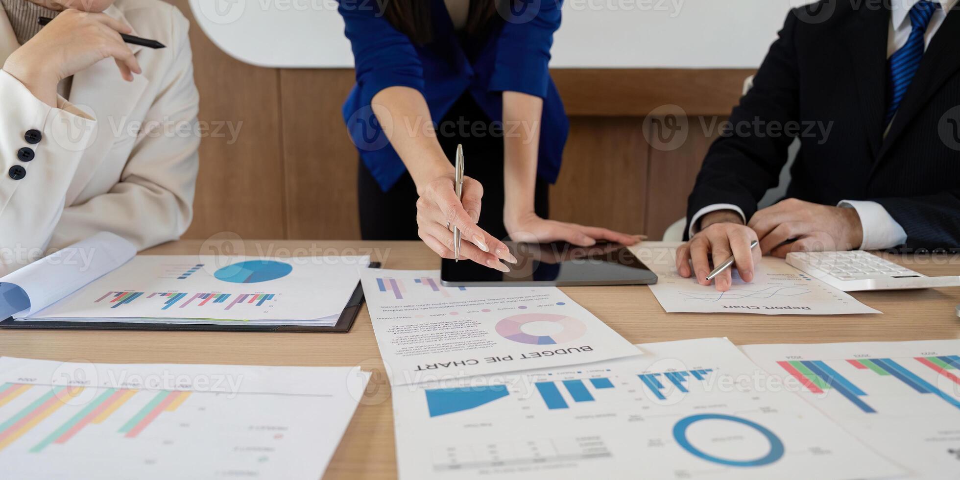Business team analyzing budget pie chart and data reports during a meeting, discussing financial performance and strategies. photo