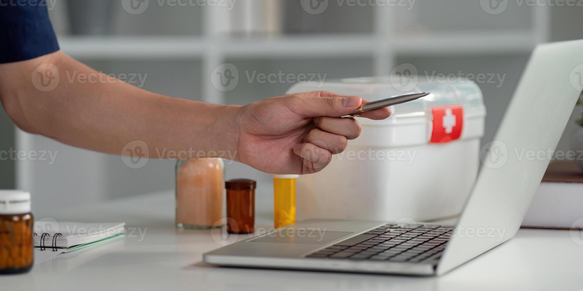 Medical student using smartphone to manage prescriptions and health information. photo