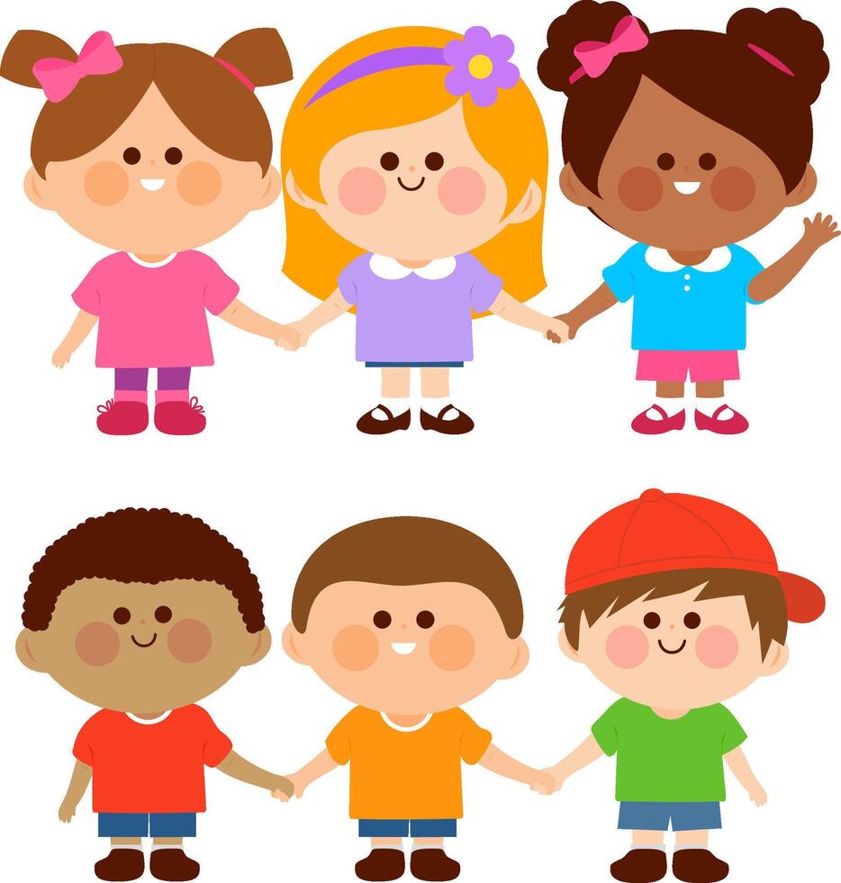 Group of diverse kids standing in a row holding hands. Happy children. Friendship concept. vector