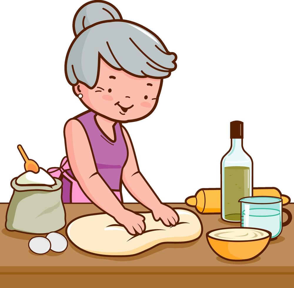 Grandmother kneading pastry or dough in the kitchen at home. Baker woman working in the bakery making homemade bread or pie. vector