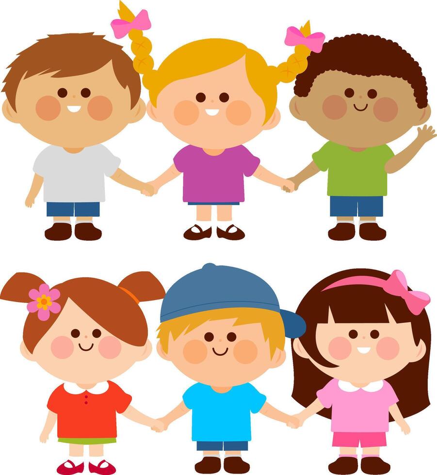 Happy children. Group of diverse kids standing in a row holding hands. Friendship concept. vector